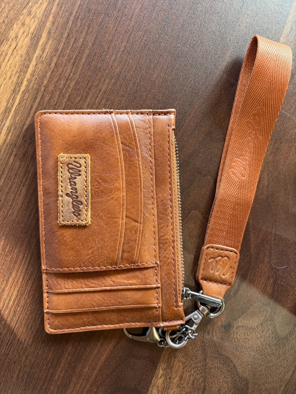 Wrangler Cognac Brown Leather Card Wallet with Wrist Strap